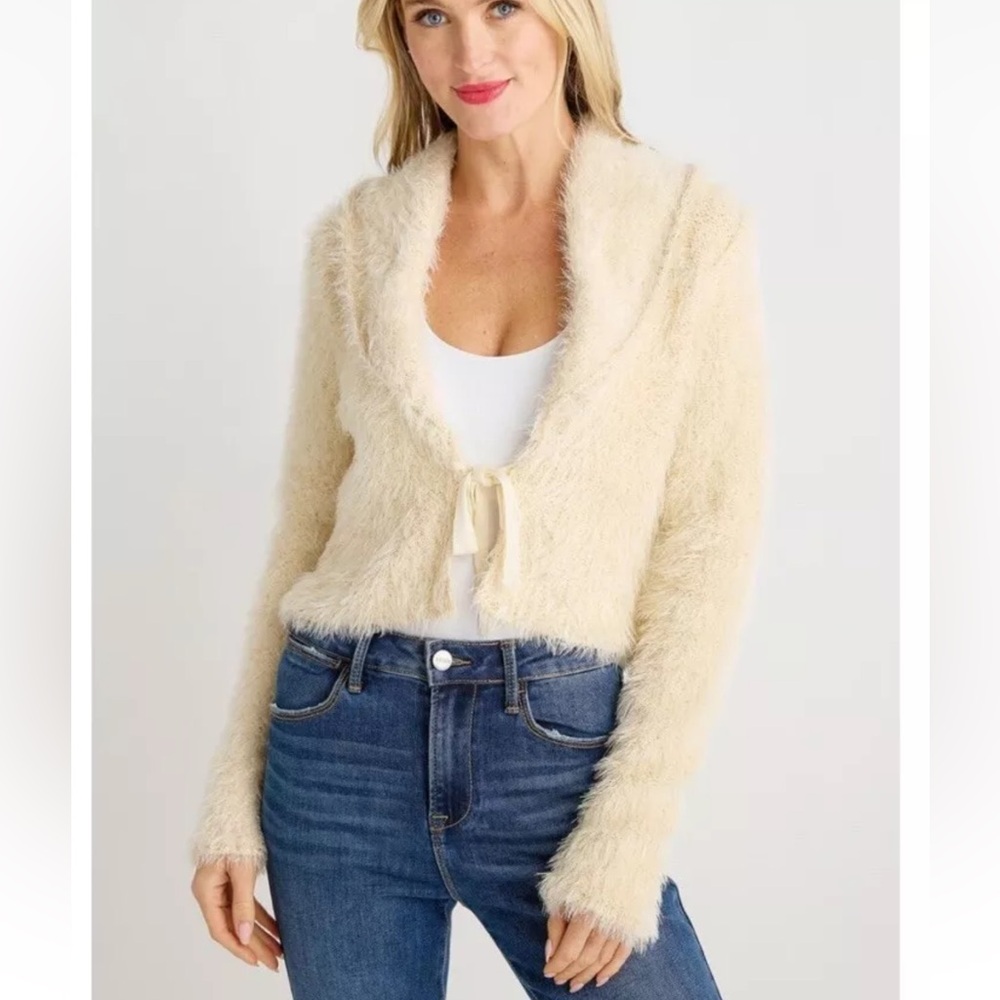 Free People Mina Cardi Champagne Cream Fuzzy Open Front Cardigan Size XS
